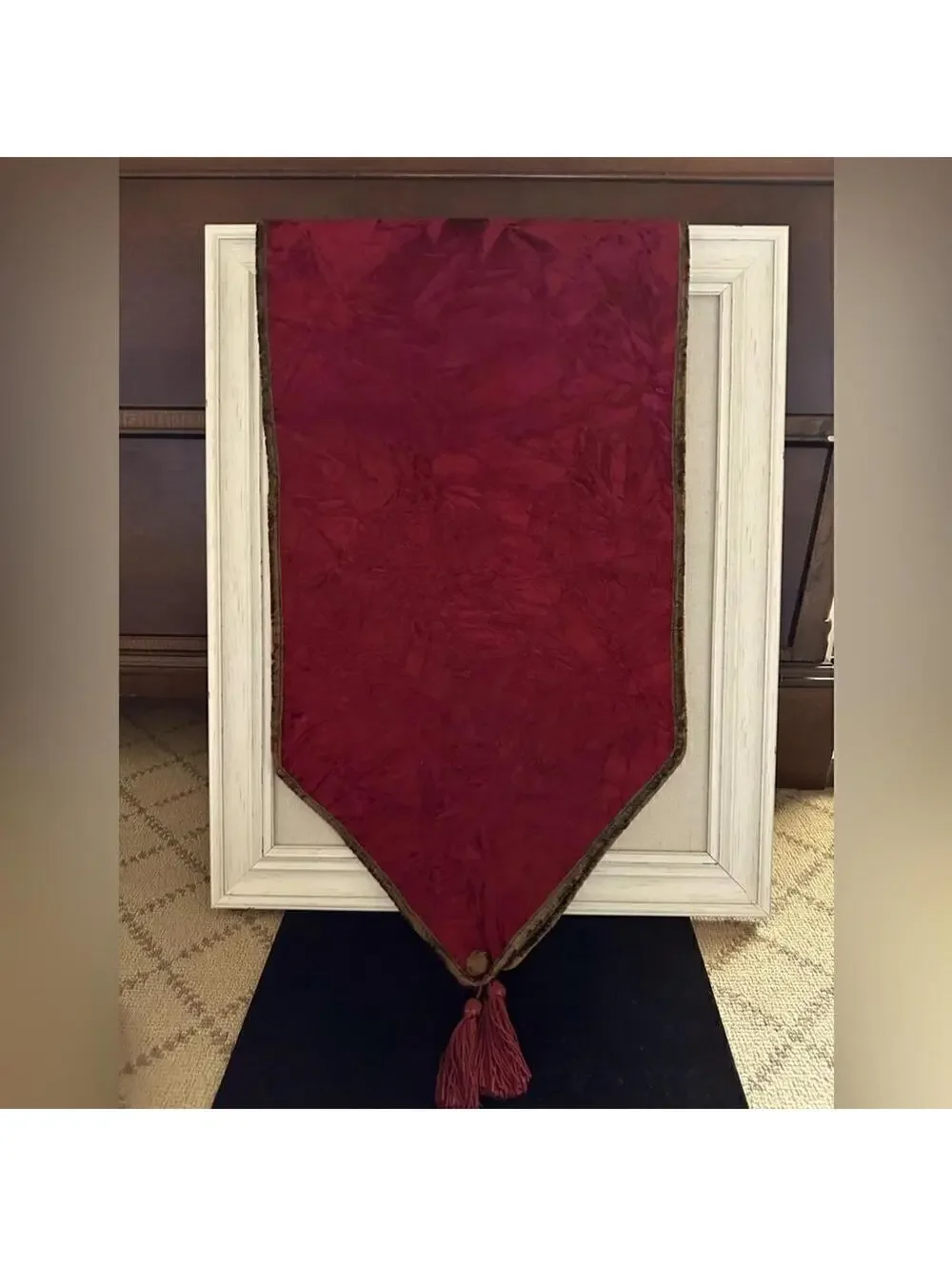 Vintage flocked velvet burgundy table runner with border with tassel